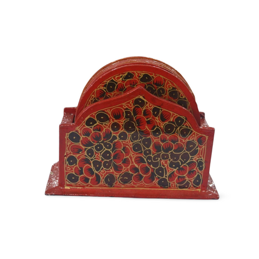 Red Floral Paper Mache Coaster Set