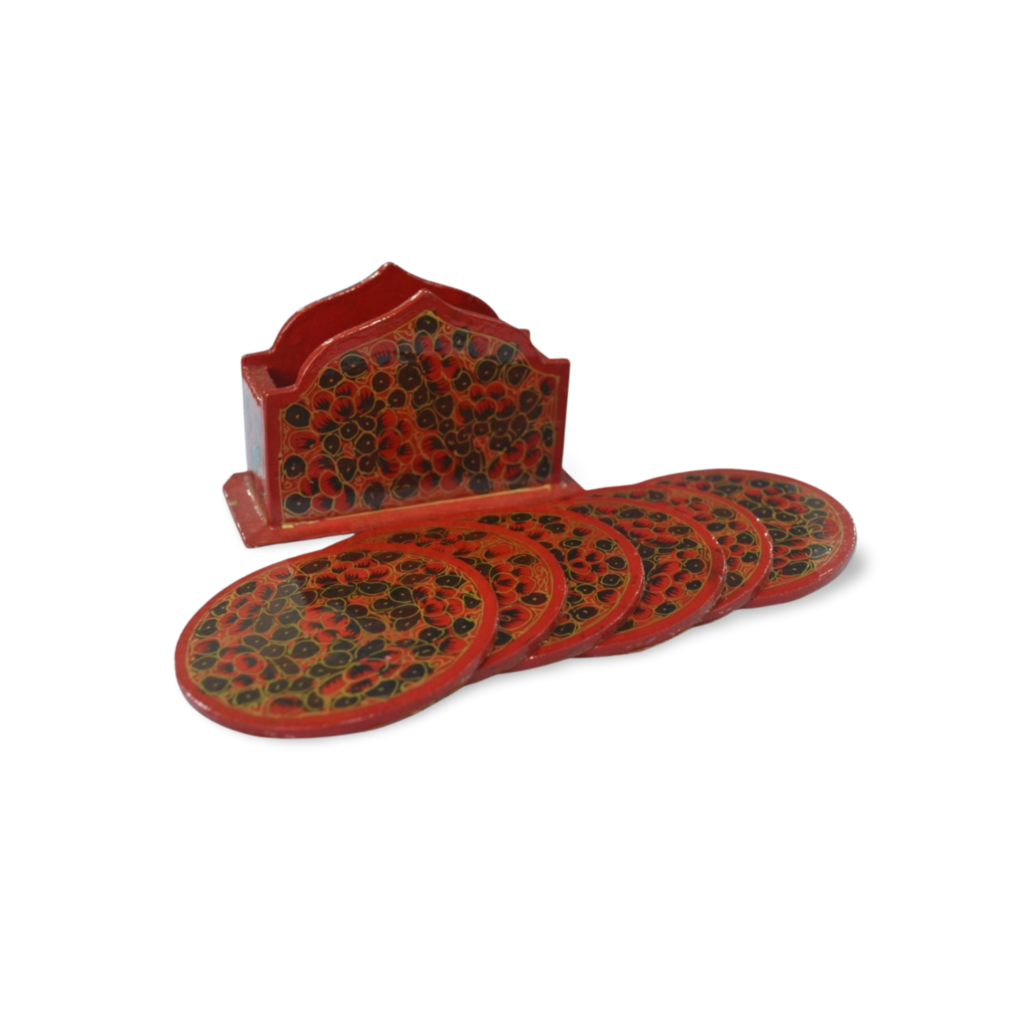 Red Floral Paper Mache Coaster Set