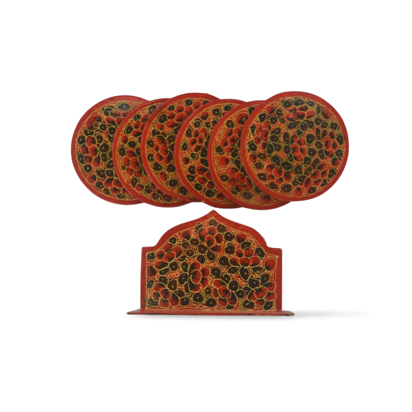 Red Floral Paper Mache Coaster Set